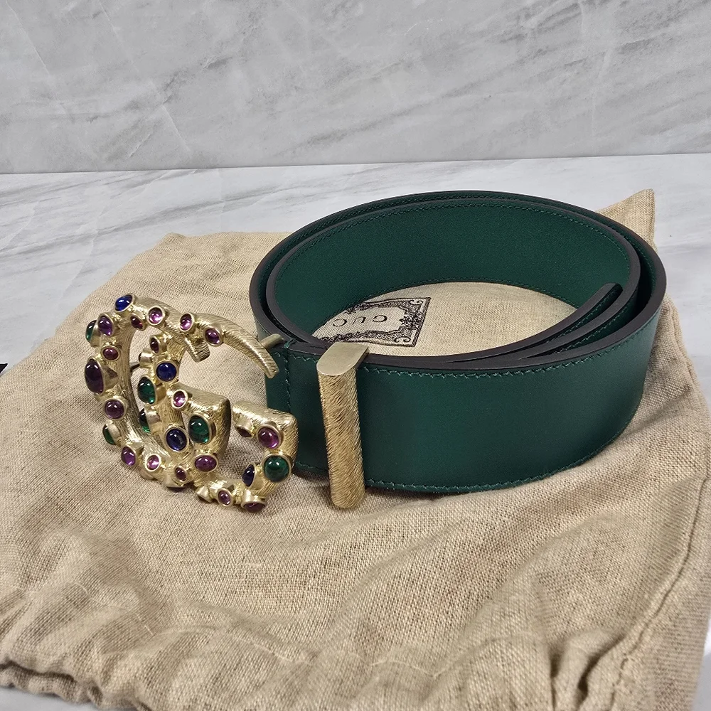🔥RARE🔥Gucci Green Leather Logo Belt with Jeweled Double G Buckle - Picture 4 of 7